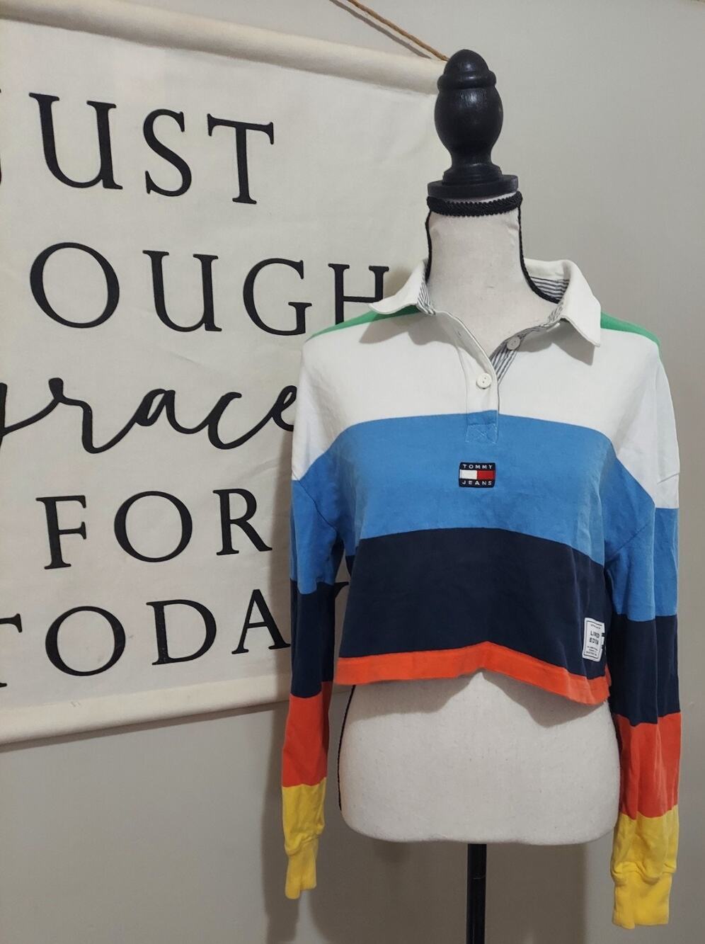Tommy Jeans Colorblock Cropped Rugby Shirt Size Small 90s Archival Stripe Crew